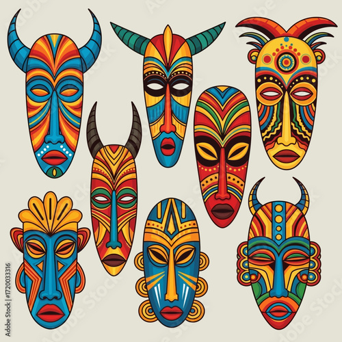 Vibrant collection of African masks with tribal patterns evokes a sense of cultural heritage and artistic expression for design and creative projects
