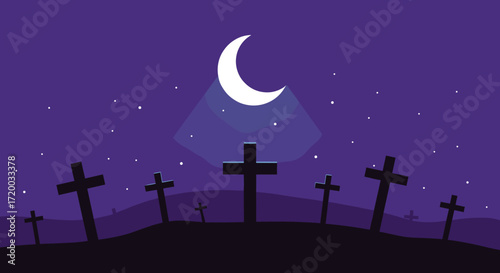 Minimal graveyard scene with crosses and moonlight on a purple backdrop, flat vector cartoon illustration in simple shapes and cute Halloween design style, spooky seasonal clipart