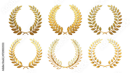 Luxury golden laurel wreath icons, elegant award symbols, transparent PNG