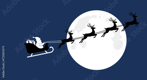 Flat vector illustration of Santa Claus flying in sleigh with reindeer against full moon on Christmas night, minimal design with simple shapes in blue, white, and black color palette