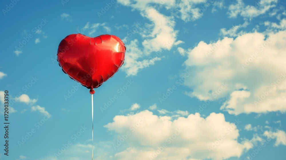 Fototapeta premium Red heart-shaped balloon floating against a blue sky with white clouds.