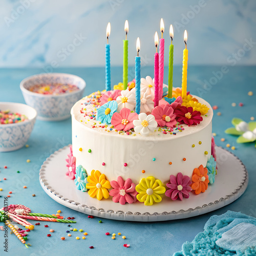 Birthday cake with colorful decorations on blue background.
