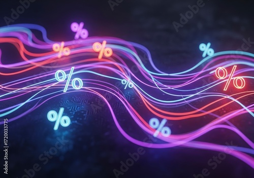 Futuristic Neon Waves Carry Glowing Percentage Signs in a Dynamic Data Stream.