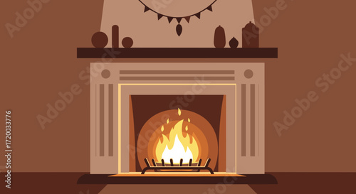 Flat vector illustration of elegant fireplace with Christmas decorations, cozy retro winter scene in minimalist style, brown background, warm lighting, and cute Christmas trees in vintage design