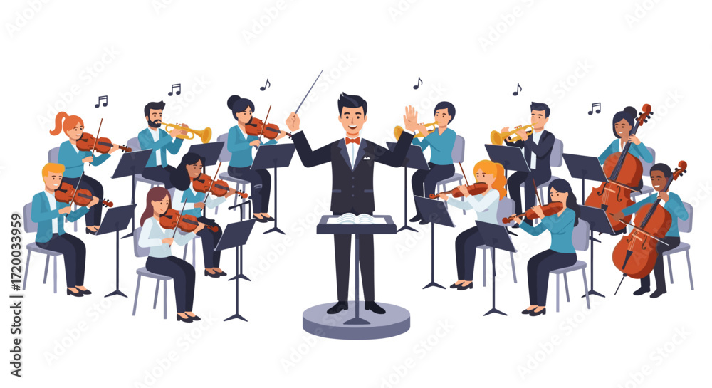 Fototapeta premium Orchestra Conductor Leading Symphony with Musicians Playing Instruments – Flat Vector Illustration on White Background for Music Concept Design