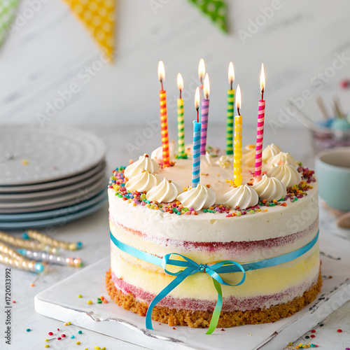 birthday cake with candles on the table background 
