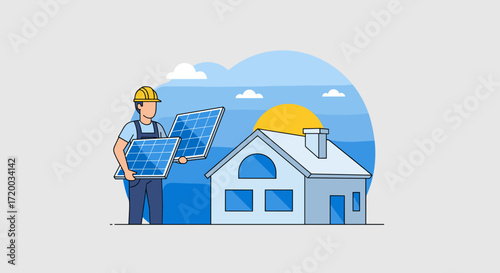 Flat vector illustration of electrician holding solar panels with house and sun in background, blue sky color palette on light grey backdrop, simple line style perfect for renewable energy clipart des
