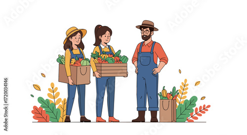 Flat vector illustration of man and woman holding shopping bags filled with fresh organic vegetables, surrounded by pumpkins, apples, and leaves, simple colorful design on white background