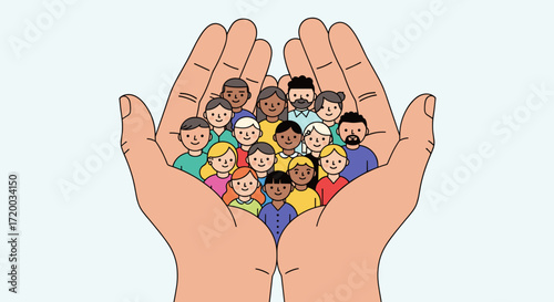 Minimalist vector illustration of diverse people held in two open hands, symbolizing support, compassion, and unity, flat design with muted colors on pastel background, isolated for community concept 