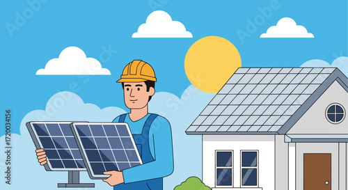Flat vector illustration of electrician holding solar panels with house and sun in background, blue sky color palette on light grey backdrop, simple line style perfect for renewable energy clipart des