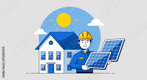 Flat vector illustration of electrician holding solar panels with house and sun in background, blue sky color palette on light grey backdrop, simple line style perfect for renewable energy clipart des