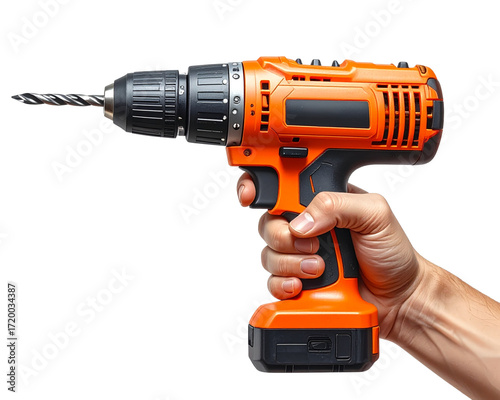 A realistic depiction of a human hand gripping a bright orange cordless power drill w