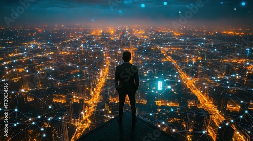 Fototapeta Naklejka Na Ścianę i Meble -  Man in suit overlooking illuminated cityscape with network connections at night from a high vantage point