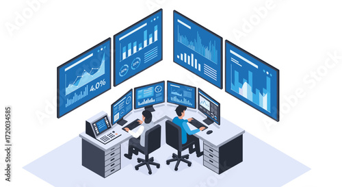 Vector design of isometric control room with operators, multiple monitors, and large wall screens displaying analytics charts, flat style in blue tones for technology and data visualization themes