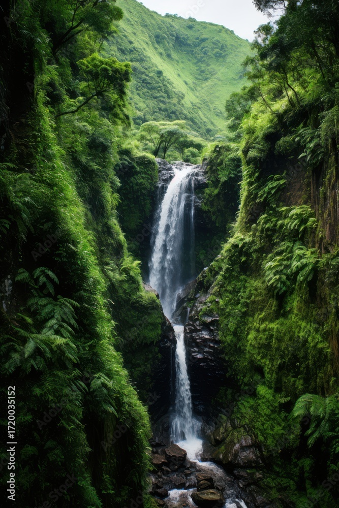 Fototapeta premium Cascading waterfall amidst verdant jungle cliffs cascade tumbling