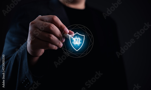 Secure AI model protection concept with digital shield and AI chip icon, shown in hand holding stylus, focused on artificial intelligence safety, cybersecurity, and data protection.