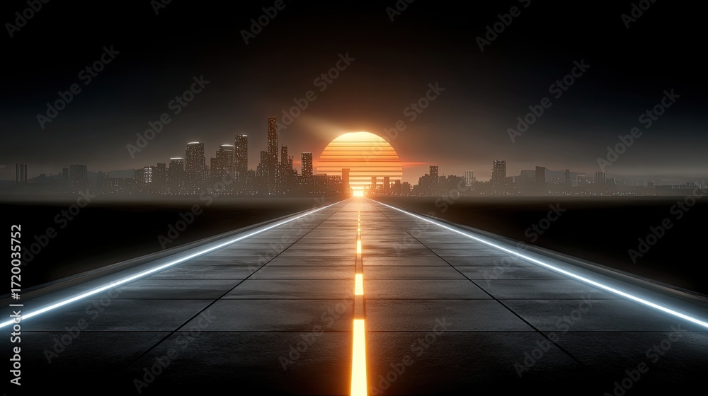 Obraz premium Futuristic city skyline illuminated by neon lights and a radiant sun, showcasing vibrant colors and glowing lines in a retro wave style