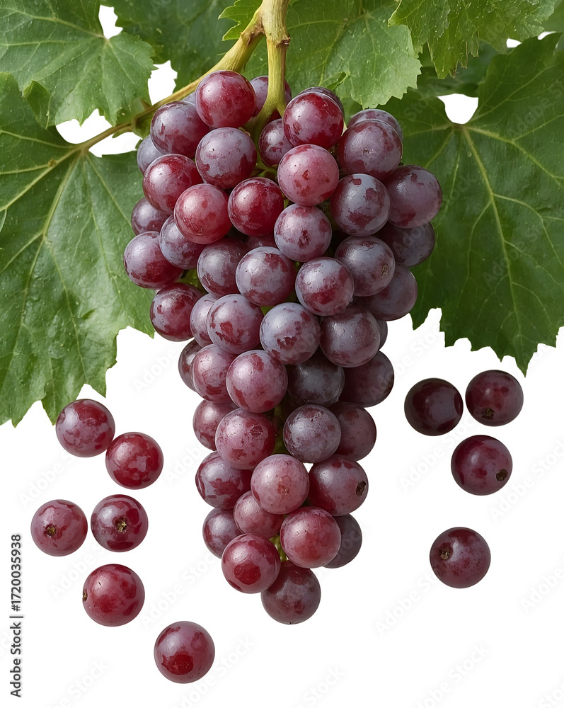 Fototapeta premium Ripe red grapes with green leaves hanging from a vine scattered berries on transparent background. black isolated on a transparent background