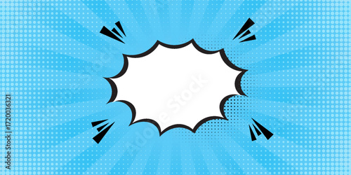 Pop art halftone background. Comic starburst pattern. Blue banner with star speech bubble. Vintage duotone texture. Gradient wow design. Cartoon superhero print. Vector illustration.