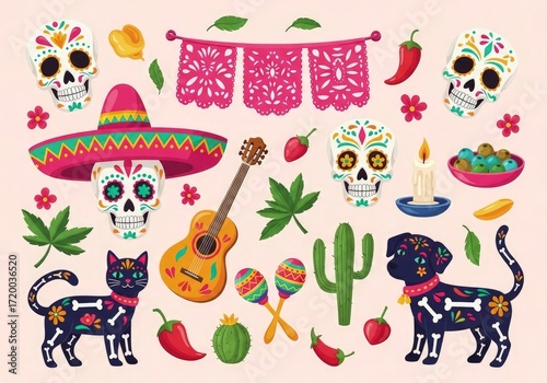 Vibrant Día de los Muertos Collection with Calavera Skulls Alebrije Pets and Festive Papel Picado.