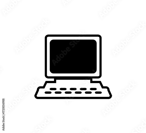 Simple black and white illustration of a vintage computer.