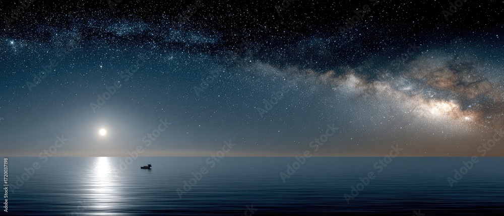 Fototapeta premium Small fishing boat navigates the tranquil ocean at night, reflecting moonlight and stars, creating a peaceful ambiance on the water