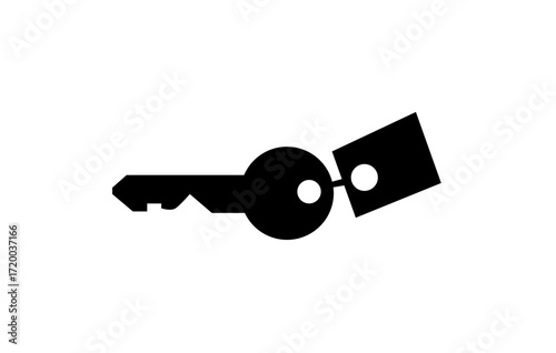 A simple black silhouette of a key with a small attached tag.