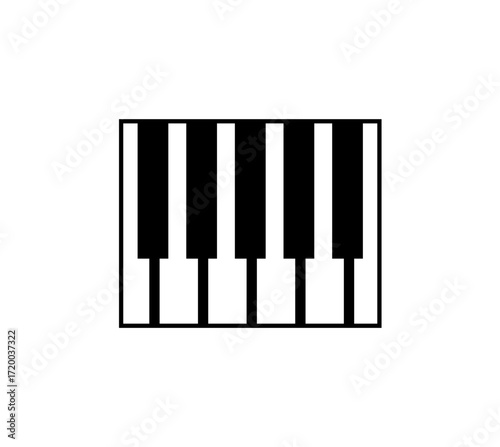 Simplified piano keyboard graphic, black and white keys, musical instrument icon.