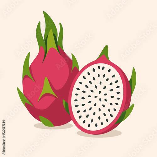 Dragon fruit cut in half, healthy mood, bright colors, tropical fruit illustration