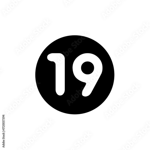 Number nineteen in white on a black circular background, isolated on white.