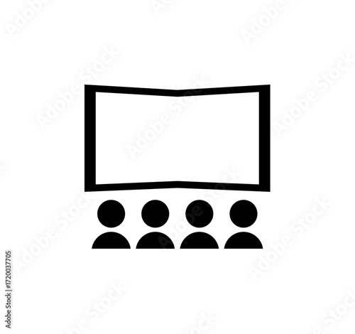 Simple black and white icon of a movie theater with audience.