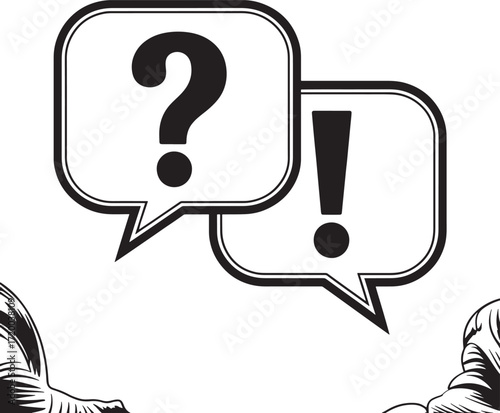 Two speech bubbles with a question mark and exclamation point in black and white chat dialogue
