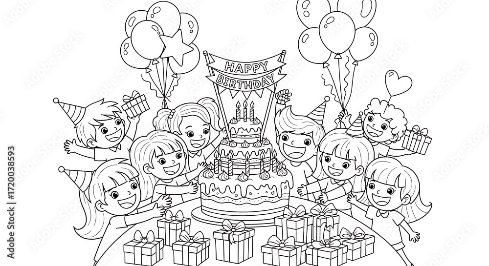 Fototapeta premium Line art illustration of children celebrating a birthday party with cake and gifts