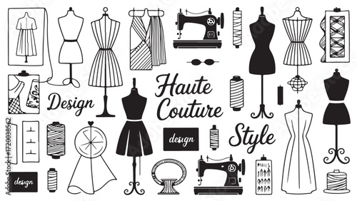 Fashion design elements including dress patterns sewing machine dressmaker dummy and thread spools representing haute couture style and elegance
