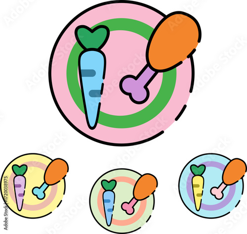 Vibrant plate icons with colorful chicken leg and carrot designs offer playful food concept options for a restaurant menu or a children's book, evoking creativity and fun