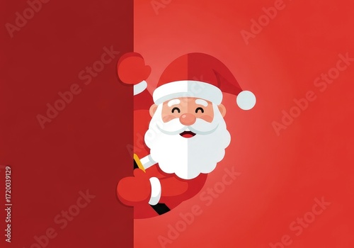 Playful Santa Claus Peeking Around a Red Corner in a Festive Flat Illustration.