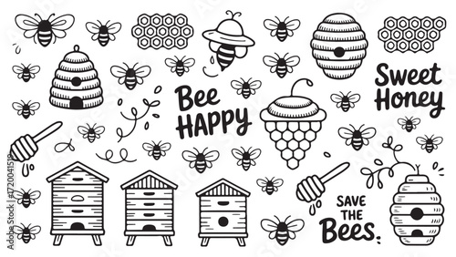 Hand-drawn bee illustrations and icons including beehives honeycombs honey pots and text elements like Bee Happy and Save the Bees perfect for honey packaging beekeeping websites or nature-themed desi