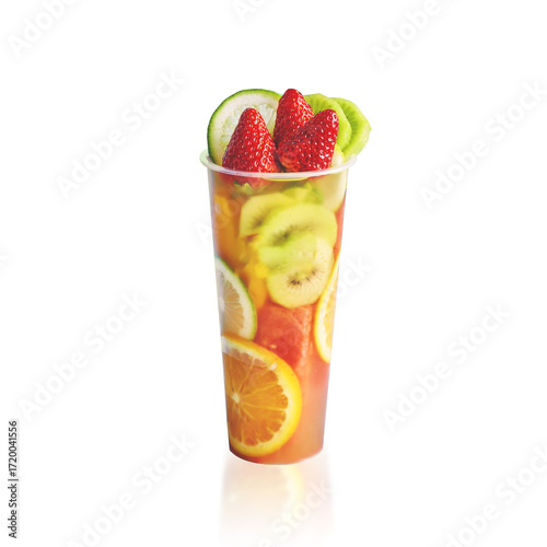 Refreshing tropical iced fruit beverage with citrus slices, orange slices, kiwi and strawberries, isolated on white background