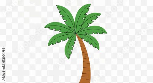 Vector illustration of a tropical palm tree with lush green leaves and a brown trunk, isolated on a transparent background. Simple flat design graphic element for summer beach vacation themes