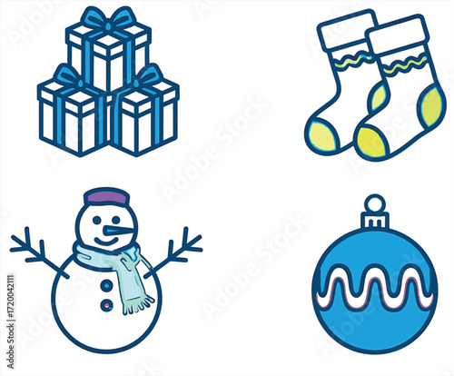 Christmas Icons Gifts, Snowman, Socks, Ornament - Vector Illustration