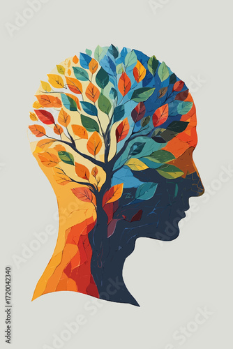 Creative human head silhouette with colorful flowers and tree branch nature vector illustration