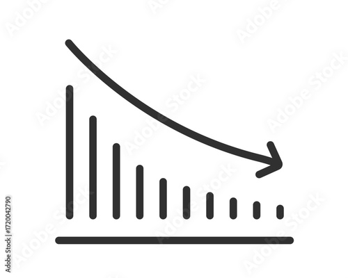 Stock market graph loss icon graphic vector line stroke outline art, negative decrease down trend chart arrow sign symbol pictogram, economy crash indicator image clipart
