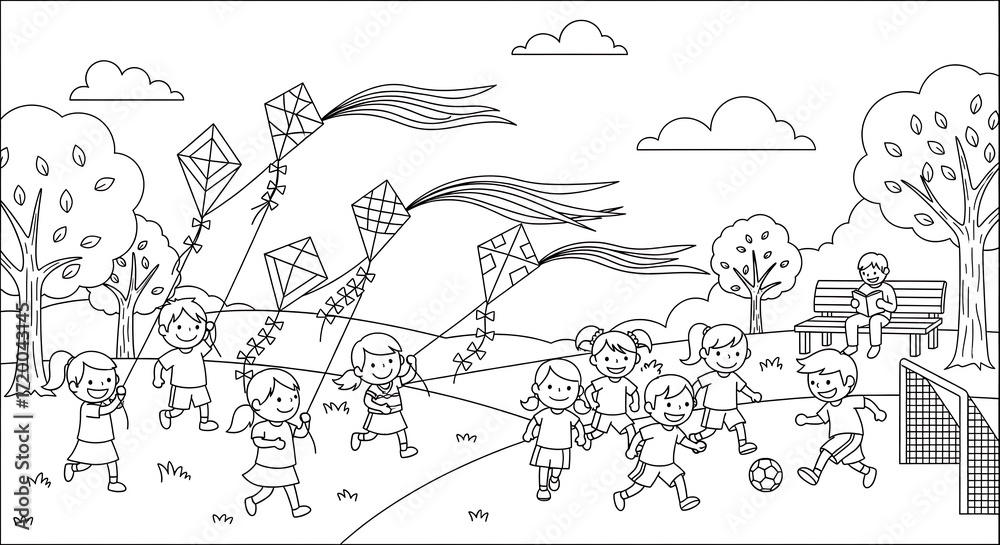 Fototapeta premium Children flying kites in a park coloring page for kids activity book