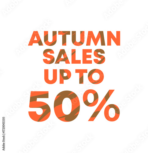 Promotional graphic for an autumn seasonal sale event, advertising up to a fifty percent discount on a white background