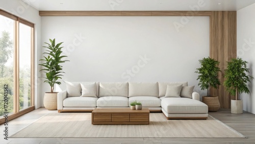 Spacious living room with large sectional sofa and wooden coffee table