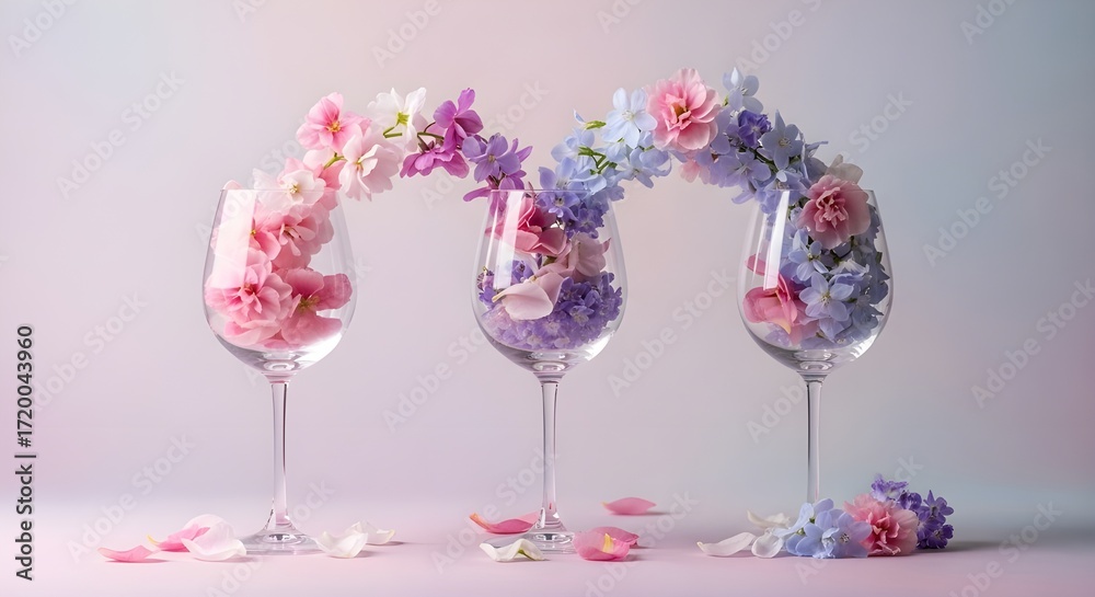 Obraz premium Creative Still Life of Wine Glasses with Flowers and Decorative Composition