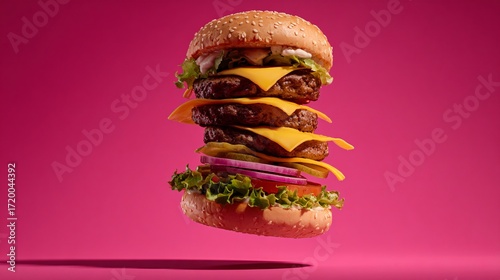 A delicious triple cheeseburger with lettuce, tomato, and onion, floating against a vibrant pink background