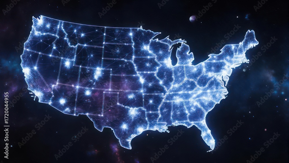 Obraz premium Stunning holographic map of the USA glows with interconnected digital data streams across a star-filled galaxy background, perfect for technology and network concepts.