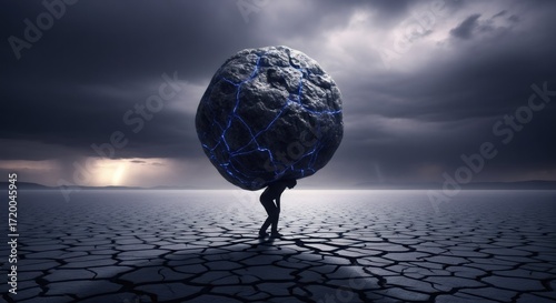 Man carrying heavy rock with blue crack on dry cracked earth. Burden concept. Hardship and stress symbol.