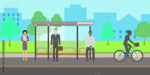 People waiting at a bus stop with a cyclist passing by